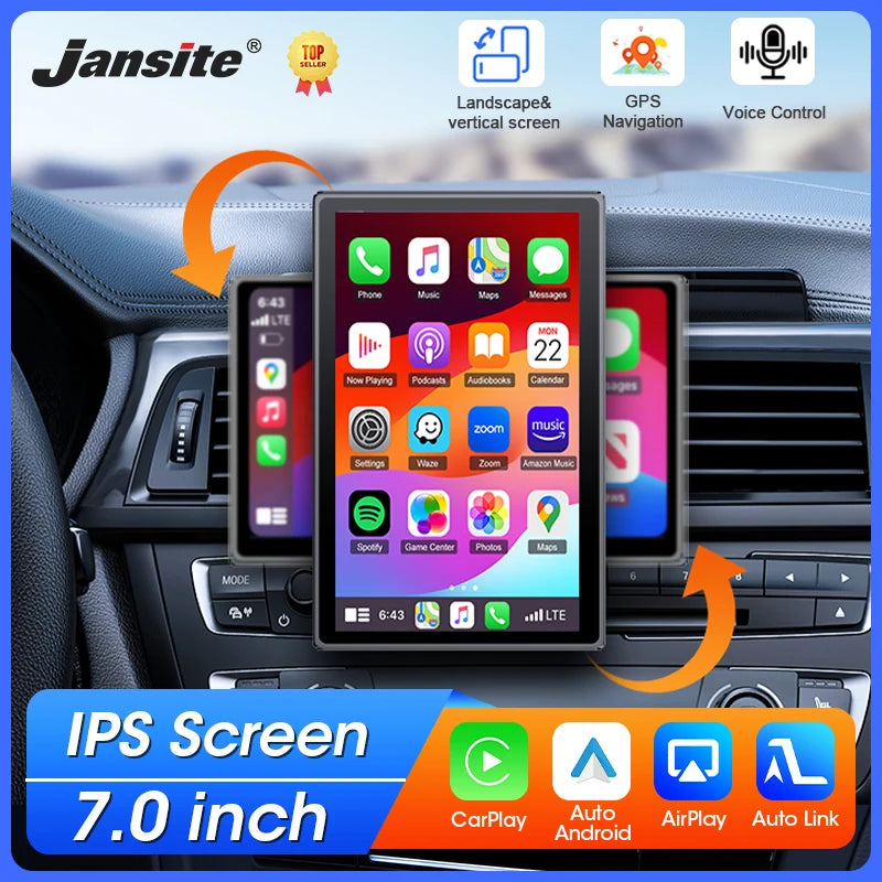 7 inch Portable Multimedia Player Carplay AI Screen IPS Touch Screen GPS Navigation Bluetooth Support Horizontal/Vertical Screen