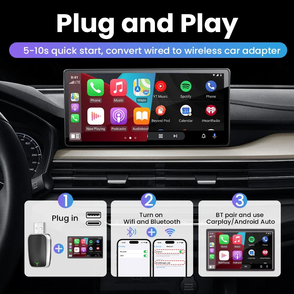 2-in-1 wired CarPlay to wireless wired Android Auto support USB/Type-C interface online map support voice control