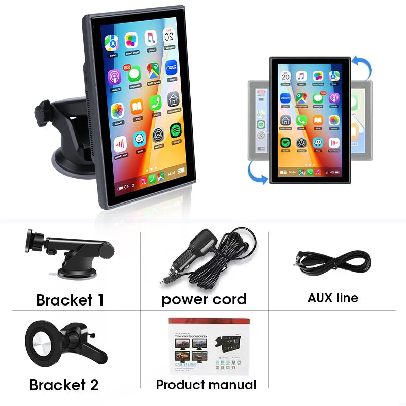 7 inch Portable Multimedia Player Carplay AI Screen IPS Touch Screen GPS Navigation Bluetooth Support Horizontal/Vertical Screen
