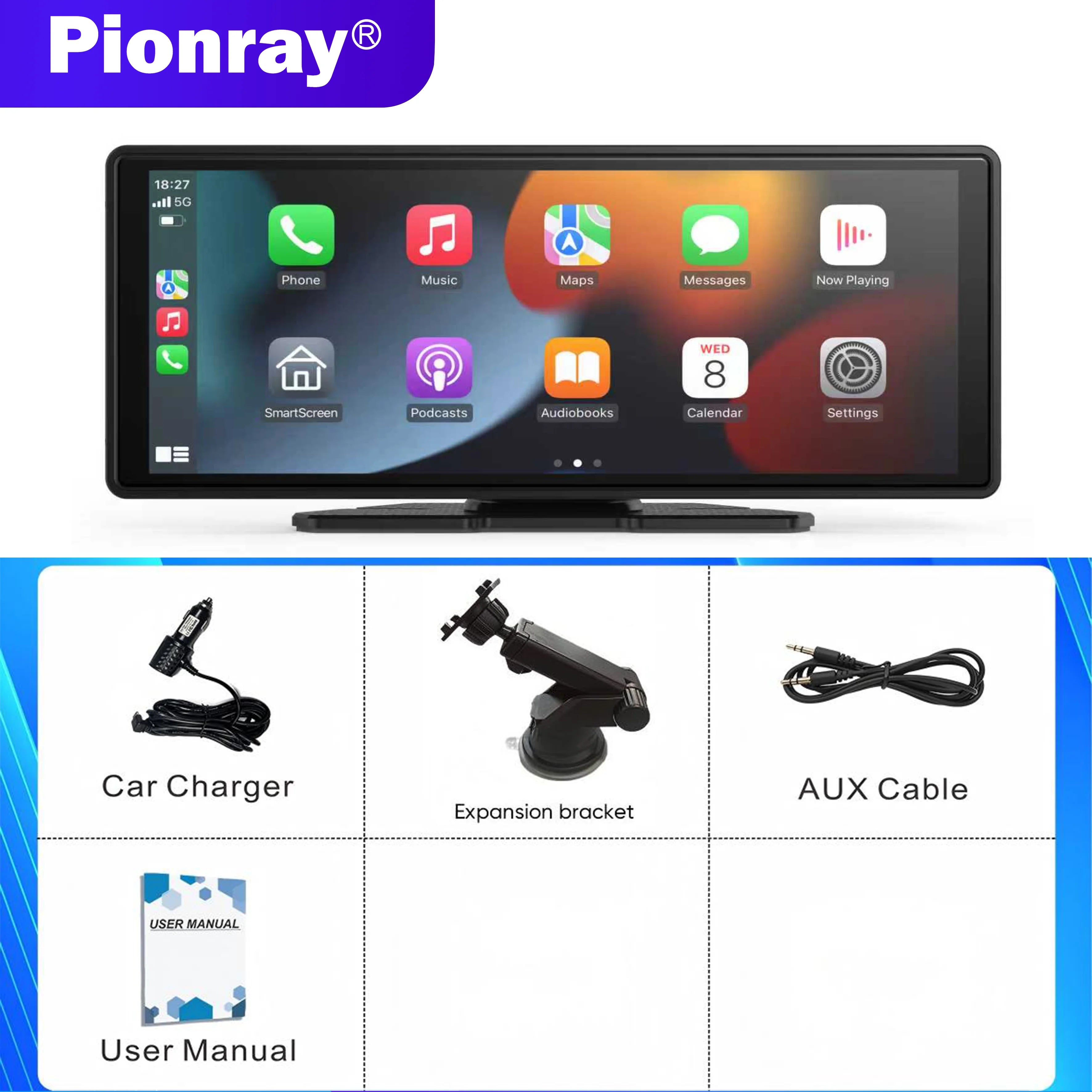 Carplay Screen for Car, 10" Portable Wireless Carplay&Android Auto, ar Stereo Audio Receivers for Car GPS Navigation Mirror Link