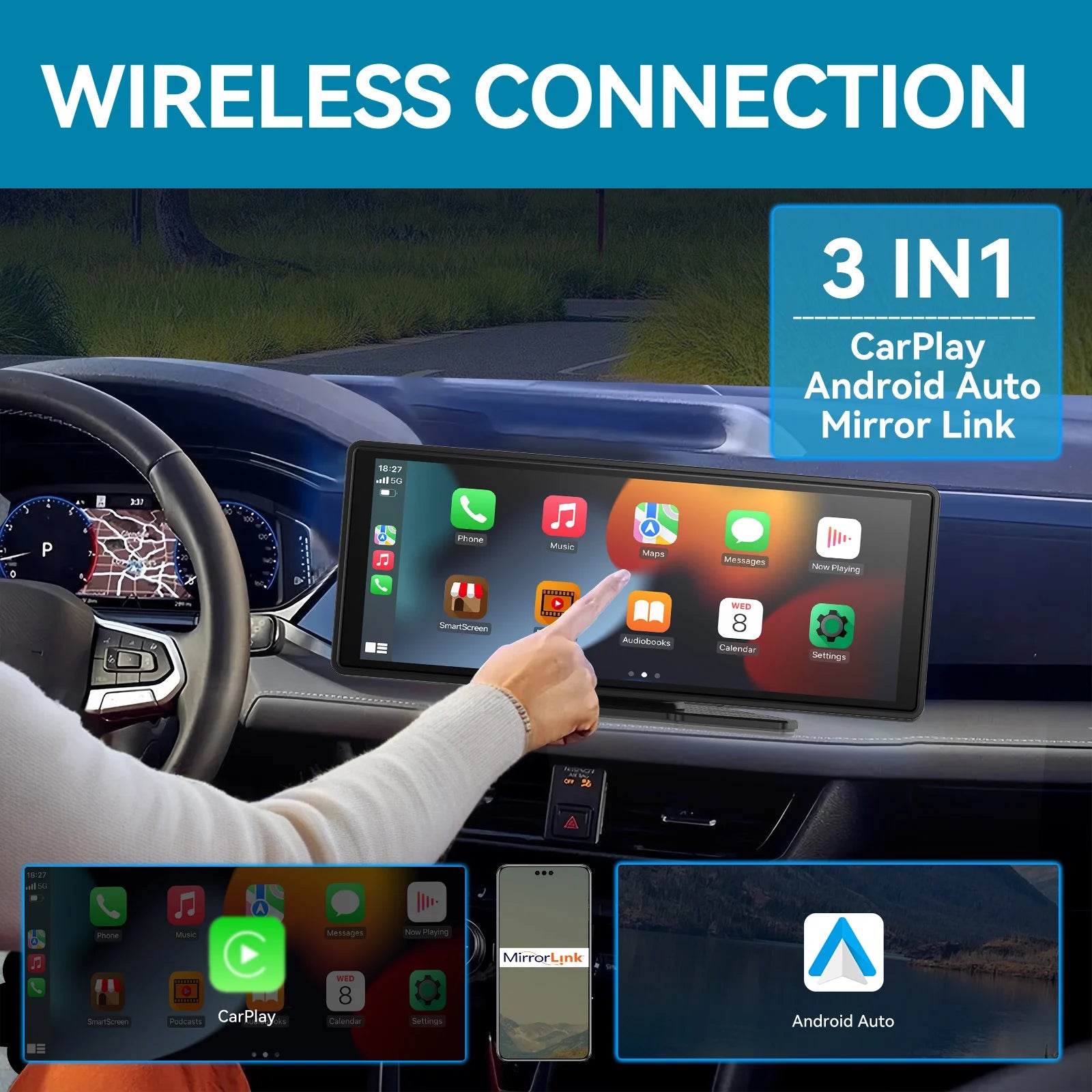 Carplay Screen for Car, 10" Portable Wireless Carplay&Android Auto, ar Stereo Audio Receivers for Car GPS Navigation Mirror Link