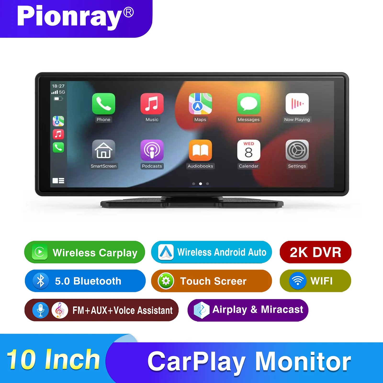 Carplay Screen for Car, 10" Portable Wireless Carplay&Android Auto, ar Stereo Audio Receivers for Car GPS Navigation Mirror Link