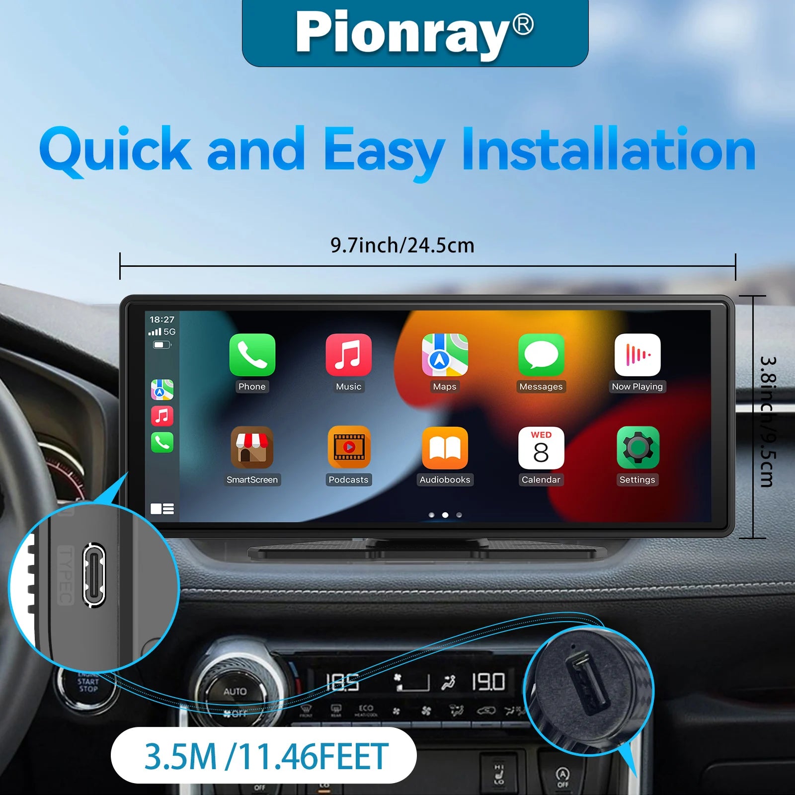 Carplay Screen for Car, 10" Portable Wireless Carplay&Android Auto, ar Stereo Audio Receivers for Car GPS Navigation Mirror Link