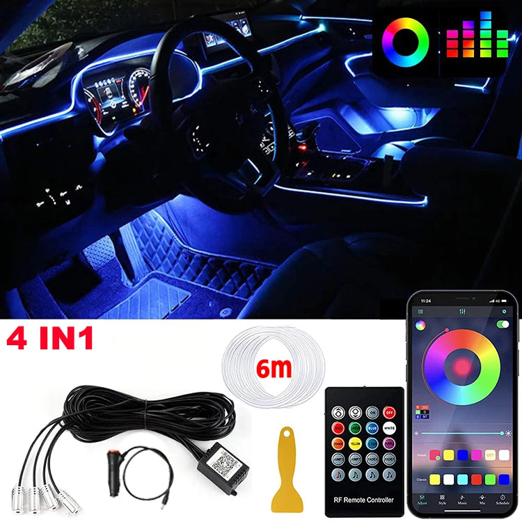 LED Car Interior Ambient Strip Lights RGB Fiber Optic Atmosphere Neon Lighting Kit W/ APP Remote Control Auto Decorative Lamps