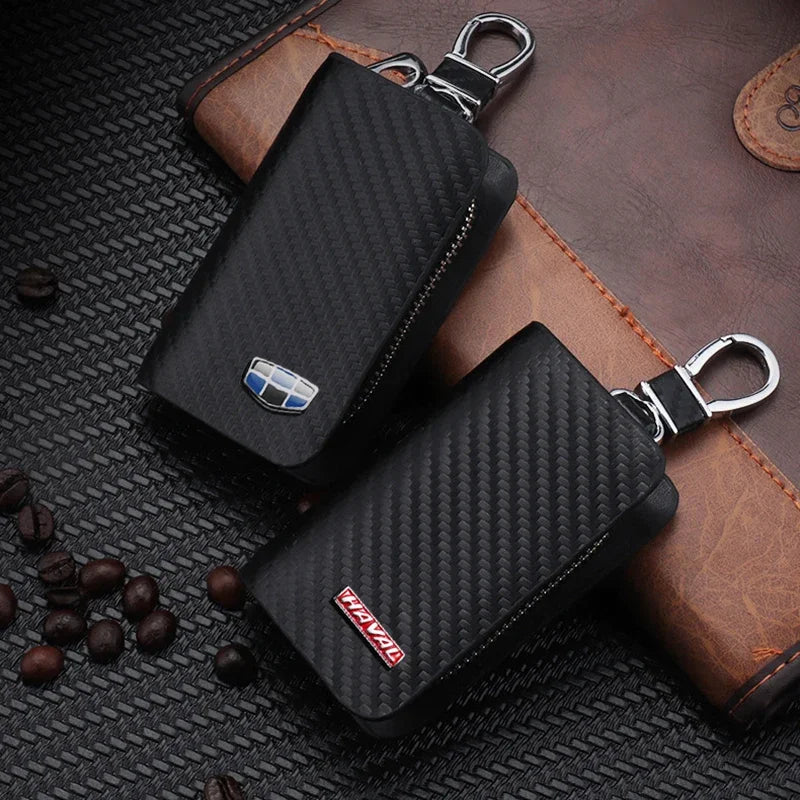 Leather Car Key Keychain Covers Zipper Key Case Bag With Car Logo Car-styling Auto Accessories 2024