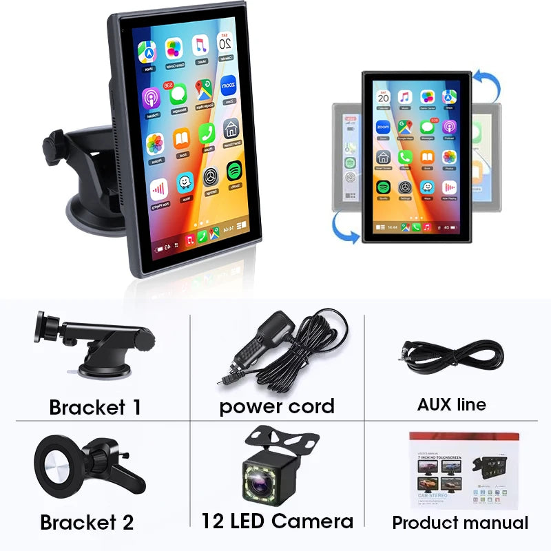 7 inch Portable Multimedia Player Carplay AI Screen IPS Touch Screen GPS Navigation Bluetooth Support Horizontal/Vertical Screen