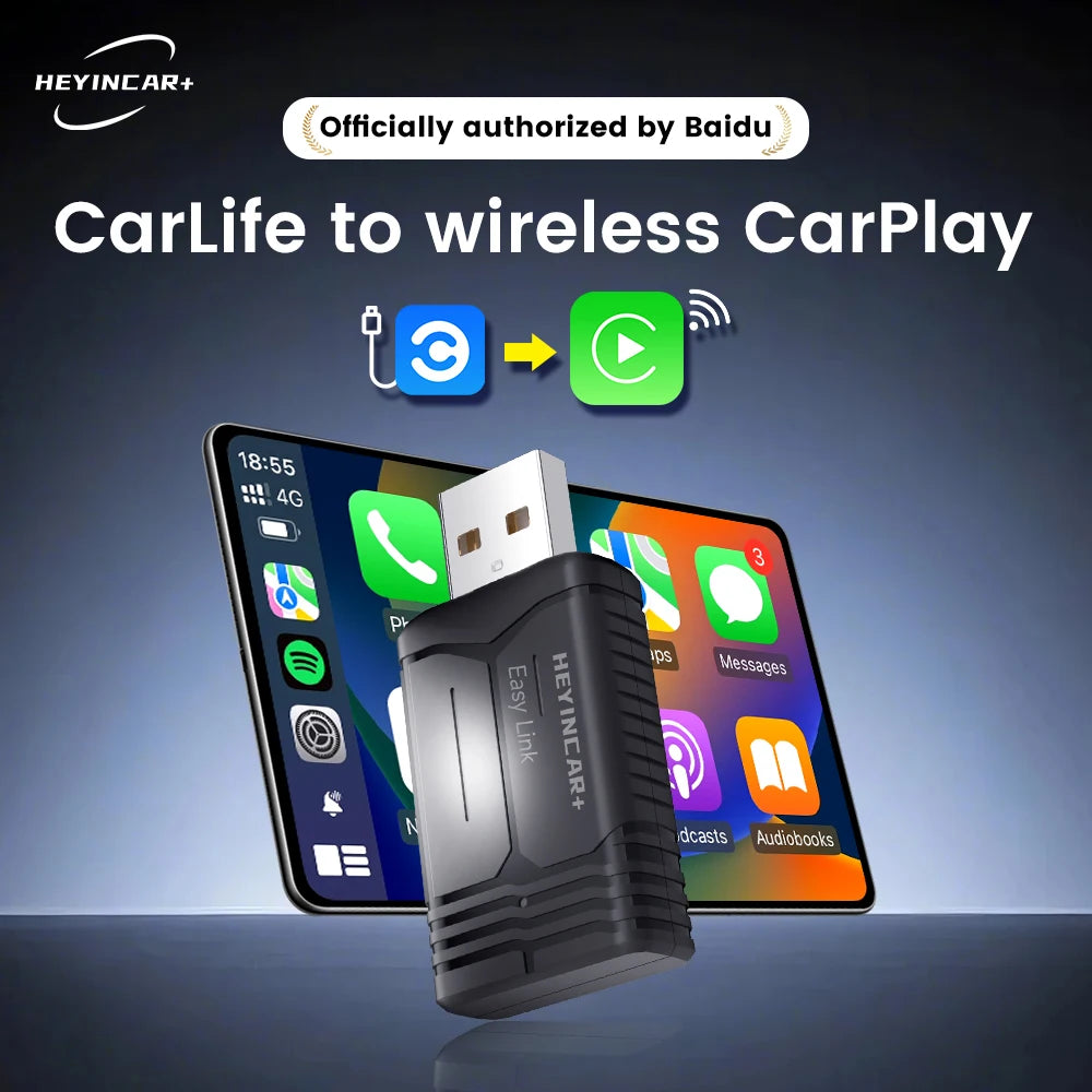 HEYINCAR Baidu Carlife to Carplay Wireless Adapter Auto Connect, Supports Online Music, Map Navigation