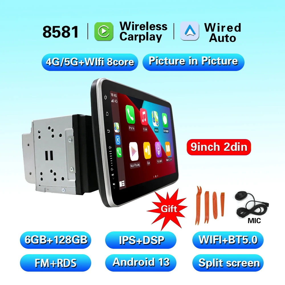 CarPlay Android 13 Car Radio For Universal 9/10inch 360 degrees Rotatable  Car player Video Multimedia Player GPS Navi