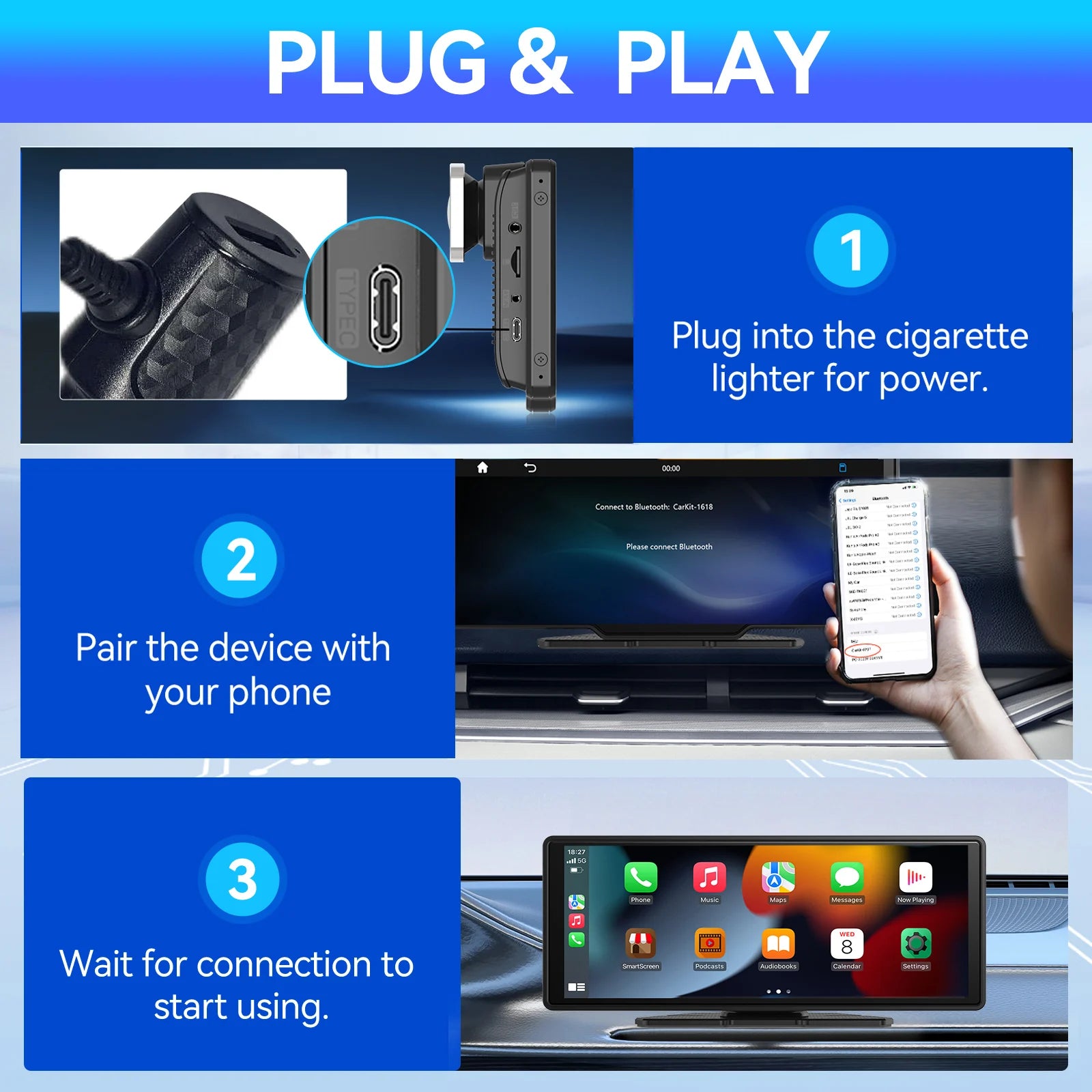 Carplay Screen for Car, 10" Portable Wireless Carplay&Android Auto, ar Stereo Audio Receivers for Car GPS Navigation Mirror Link